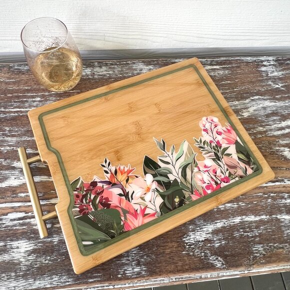 Other - Boho Chic Flowers Resin Wooden Cutting Board Charcuterie Board Handle Cheese